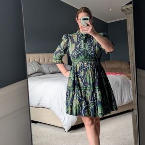 Gretchen Scott Designs Navy & Green Paisley Tiered Shirt Dress